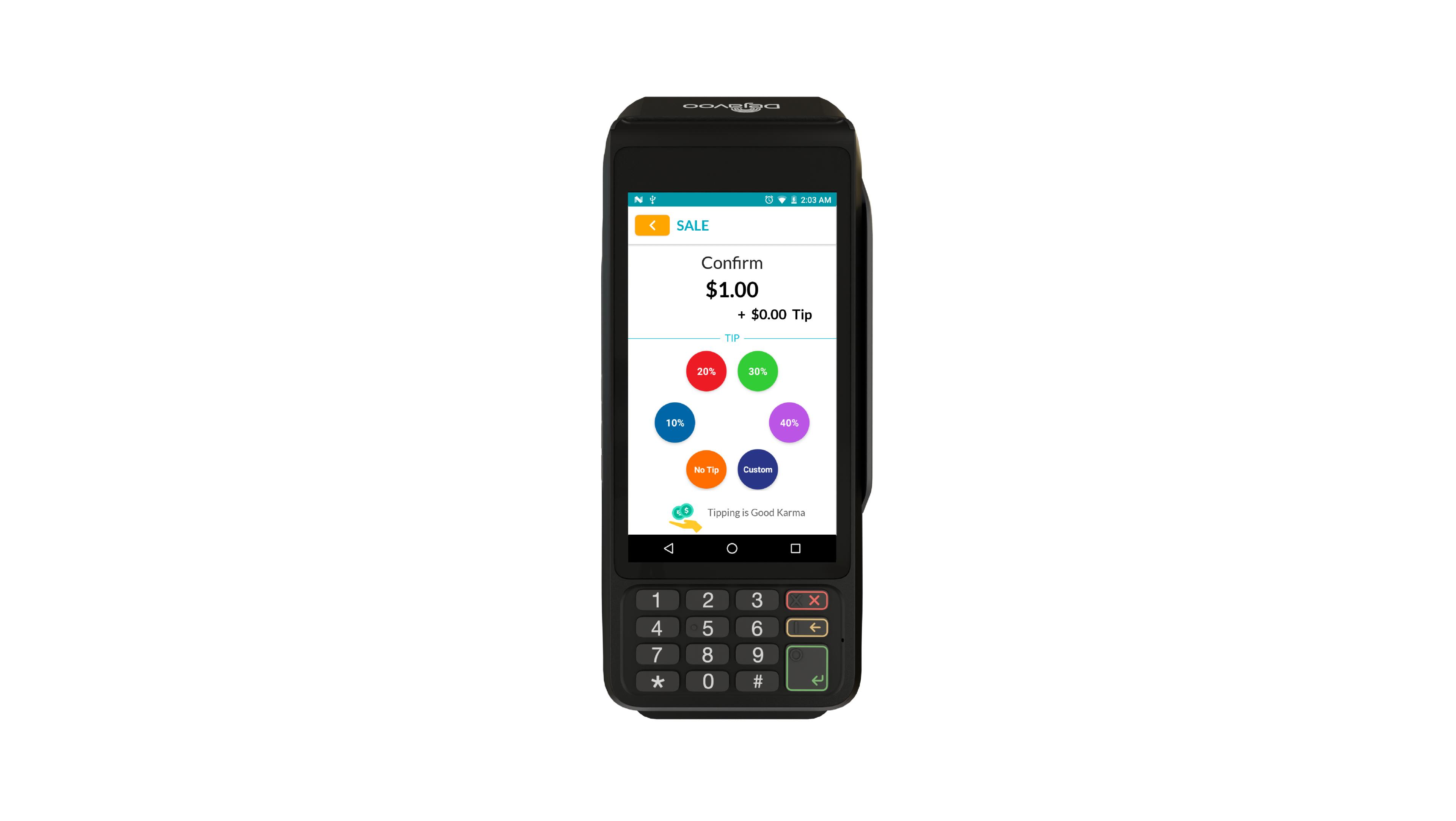Tip screen appears first because tipping was enabled for the TPN